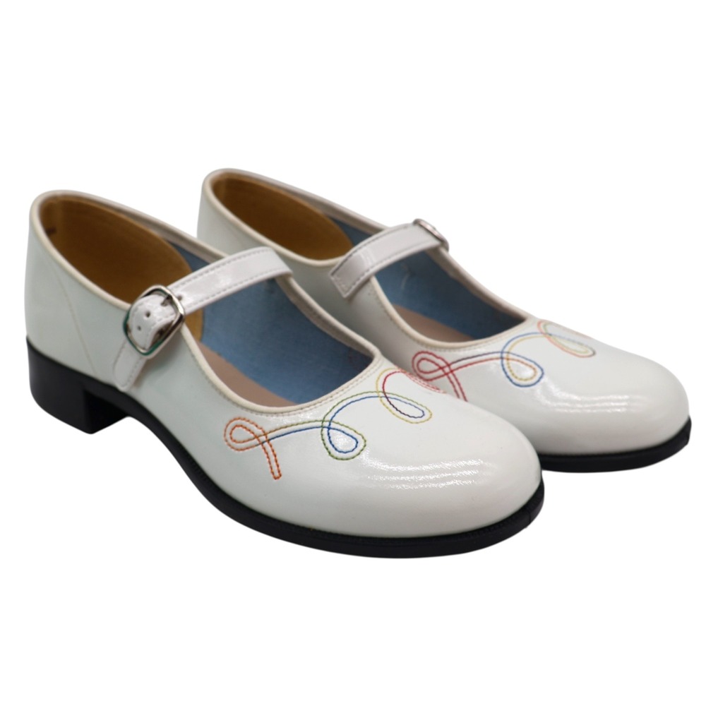 Right Step Mary Jane Girls Size 3.5M Vintage White Rainbow Embroidery Dress Shoe